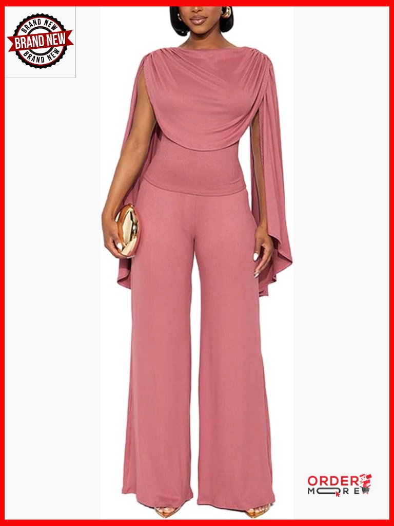 Women's 2 Piece Outfit Cowl Neck Top Wide Leg Pants Loungewear Set